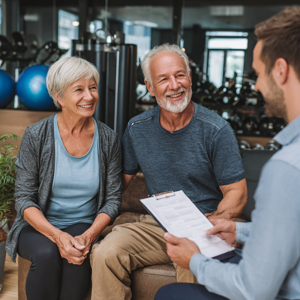 Smiling elderly European woman in comfortable fitness wear practicing gentle movements in a bright wellness studio