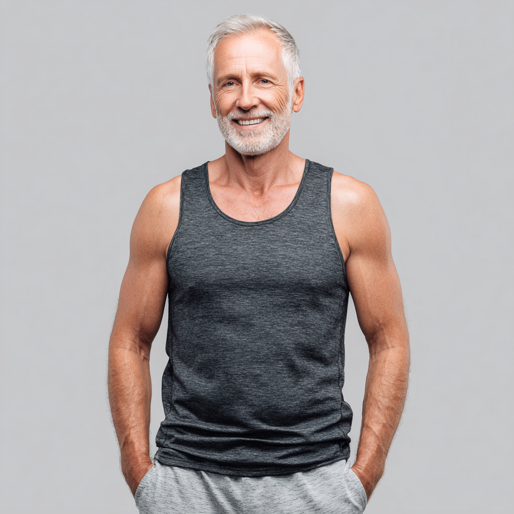 Group of smiling elderly European people engaging in mindful fitness exercises in a well-lit studio environment