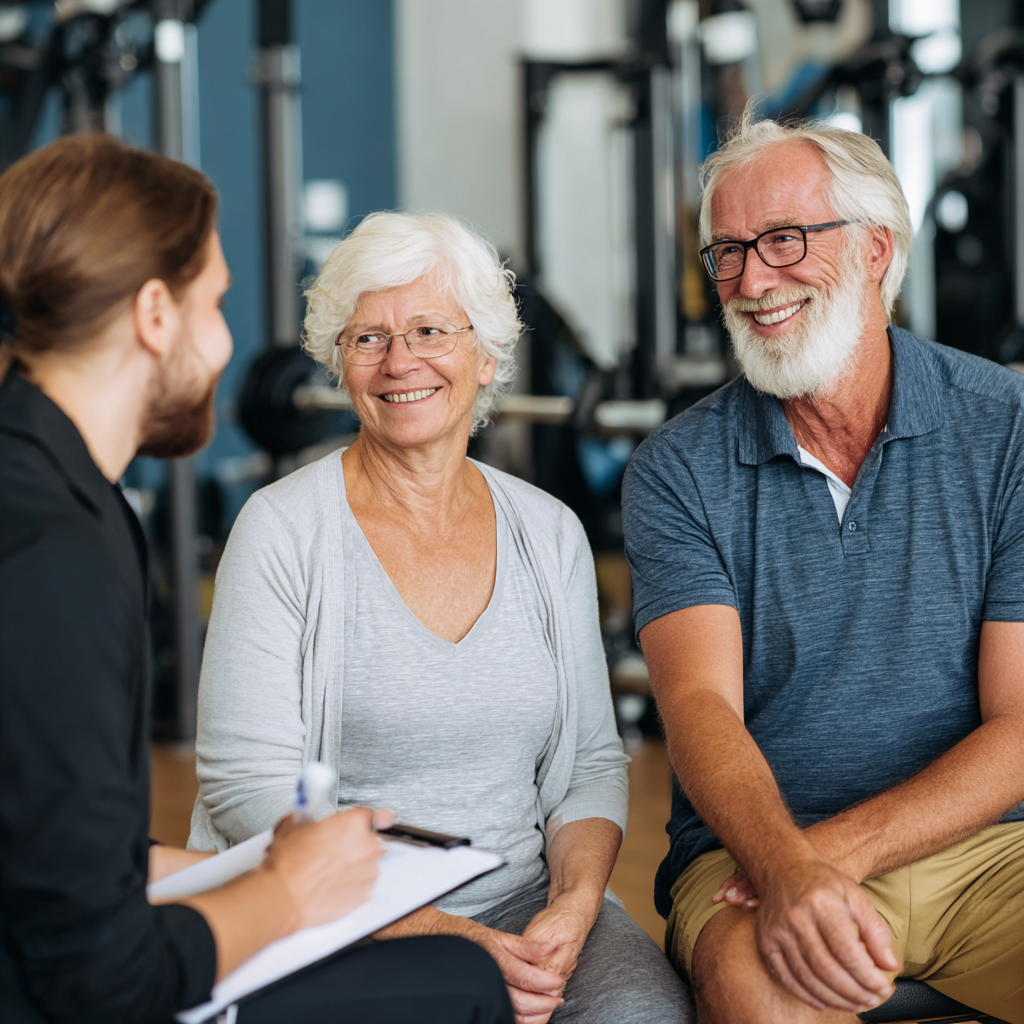 Professional consultation with a smiling elderly European couple discussing fitness plans with a certified trainer in a comfortable wellness environment